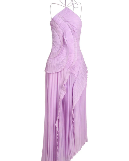 Studio shot of the women's lavender one-shoulder ruffle midi dress, showcasing the full pleated skirt and intricate bodice details.