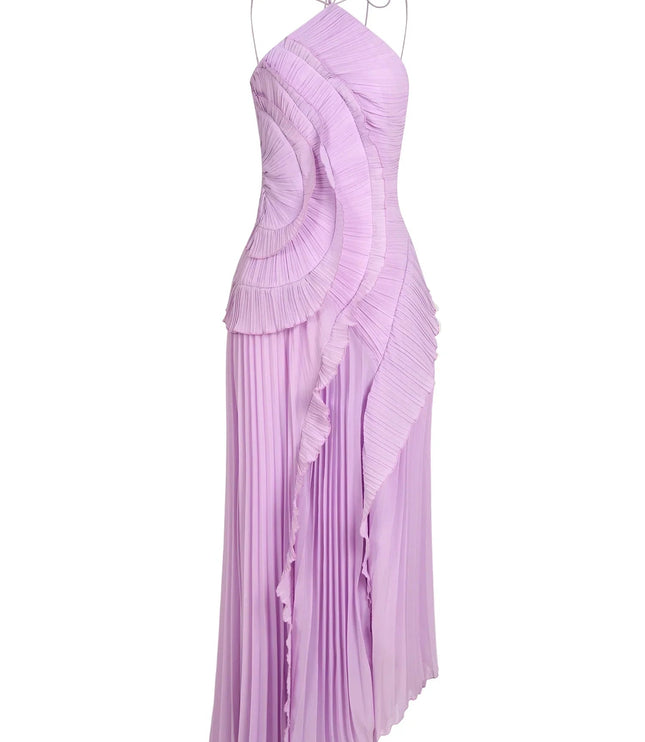 Studio shot of the women's lavender one-shoulder ruffle midi dress, showcasing the full pleated skirt and intricate bodice details.