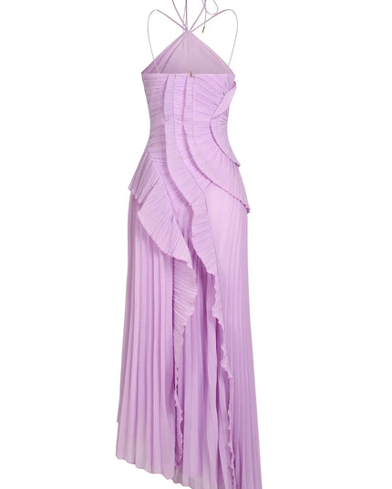 Back view of a lavender one-shoulder ruffle midi dress with a pleated skirt and adjustable halter straps.