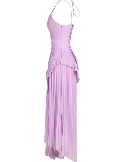 Side view of a lavender one-shoulder ruffle midi dress, showcasing the pleated skirt and structured bodice.