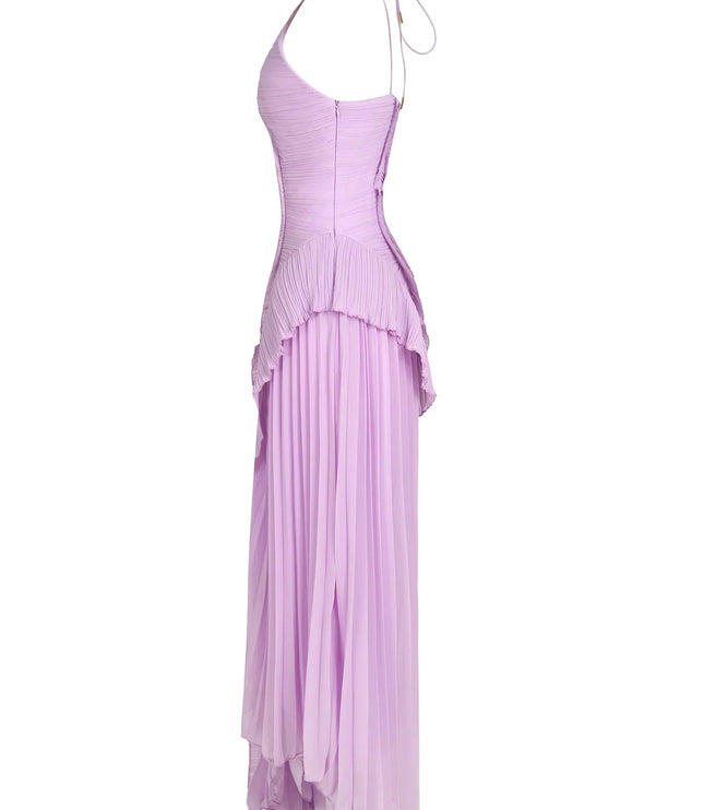 Side view of a lavender one-shoulder ruffle midi dress, showcasing the pleated skirt and structured bodice.