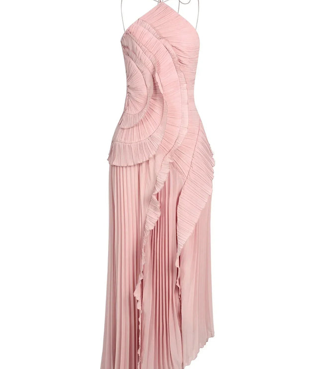 Front view of a light pink one-shoulder ruffle midi dress, featuring a pleated skirt and intricate bodice ruffles.