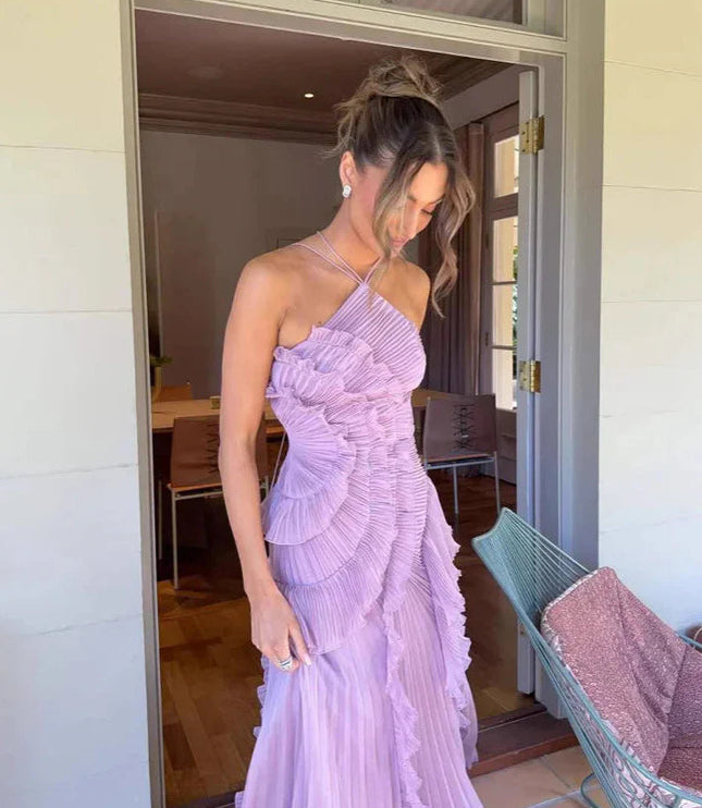 Front view of the lavender one-shoulder ruffle midi dress, highlighting the unique pleated texture and asymmetric hem.