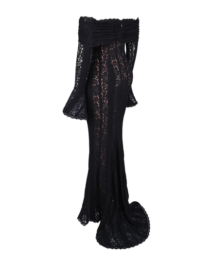 Studio shot of a women's black off-shoulder floral lace maxi dress, back view, highlighting the train and lace detail.
