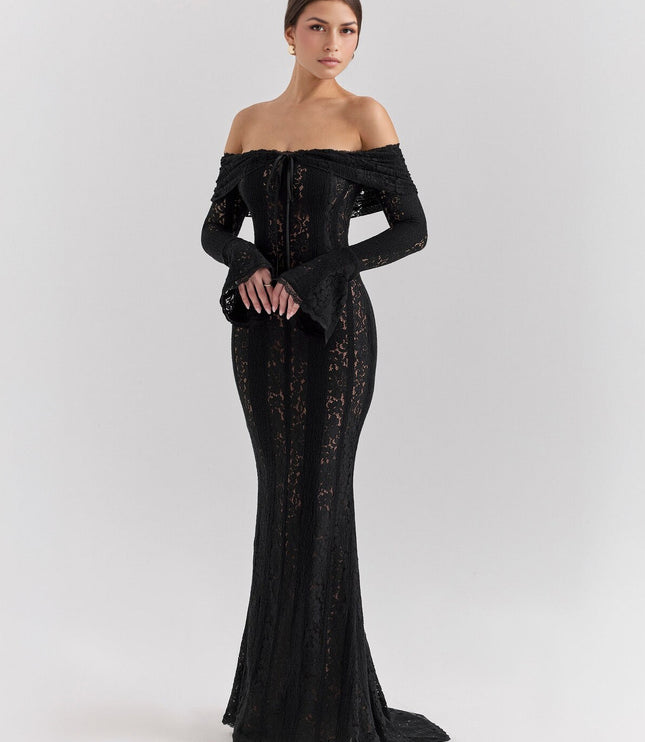 Front view of a women's black off-shoulder floral lace maxi dress, highlighting the fitted bodice and long bell sleeves.