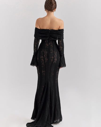 Back view of a women's black off-shoulder floral lace maxi dress, showcasing the elegant train and fitted silhouette.