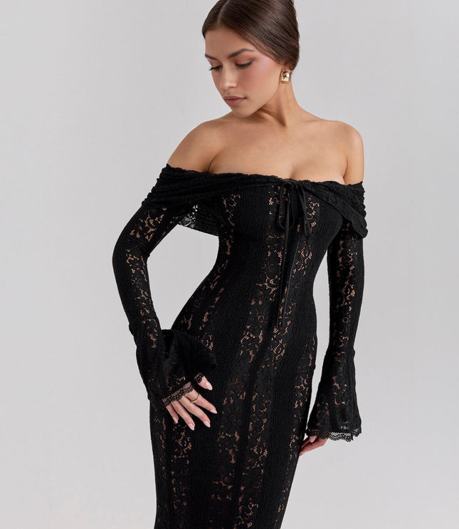 Close-up of the bodice and sleeves of a black off-shoulder floral lace maxi dress, showing the delicate lace detail.