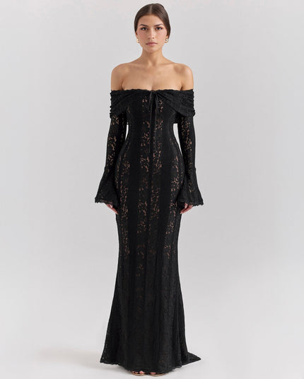 Full-length view of a women's black off-shoulder floral lace maxi dress with long bell sleeves, for prom.