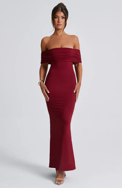 Burgundy off-shoulder ruched back maxi dress, a stunning dress suit for women, ideal for prom or formal events.