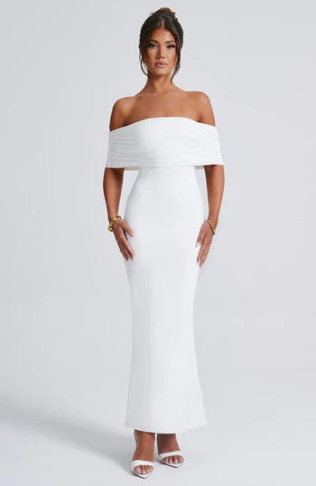 White off-shoulder ruched back maxi dress, a beautiful wedding suit for women or elegant prom dress.