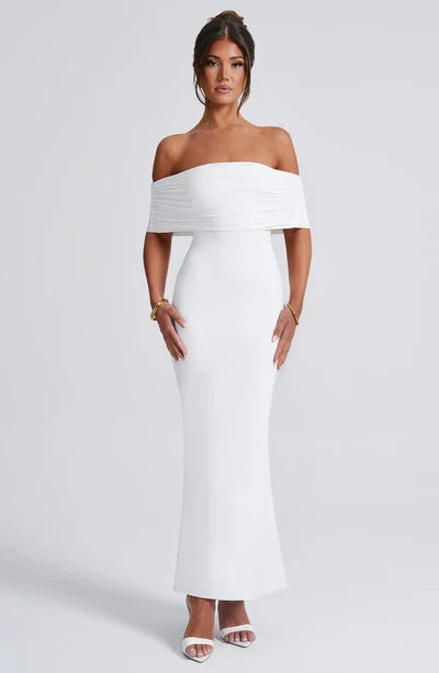 White off-shoulder ruched back maxi dress, a beautiful wedding suit for women or elegant prom dress.