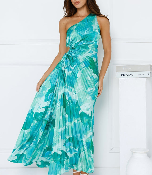 Front view of a women's prom maxi dress, showcasing the one shoulder design, side cutout, and fluid pleated blue-green fabric.