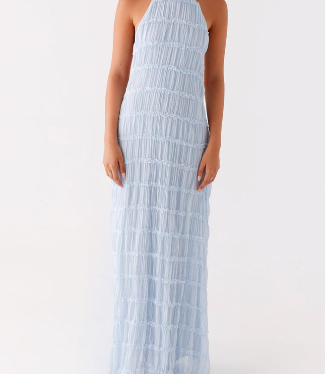 Front view of women's light blue ruched maxi dress with a high halter neckline, suitable for prom.