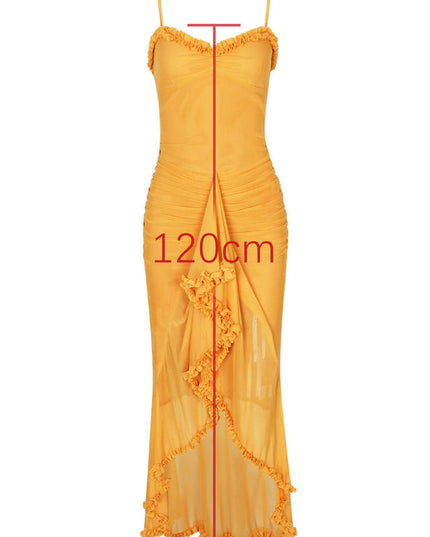 Front view of yellow ruffled front maxi dress, showcasing the 120cm length and ruched details.