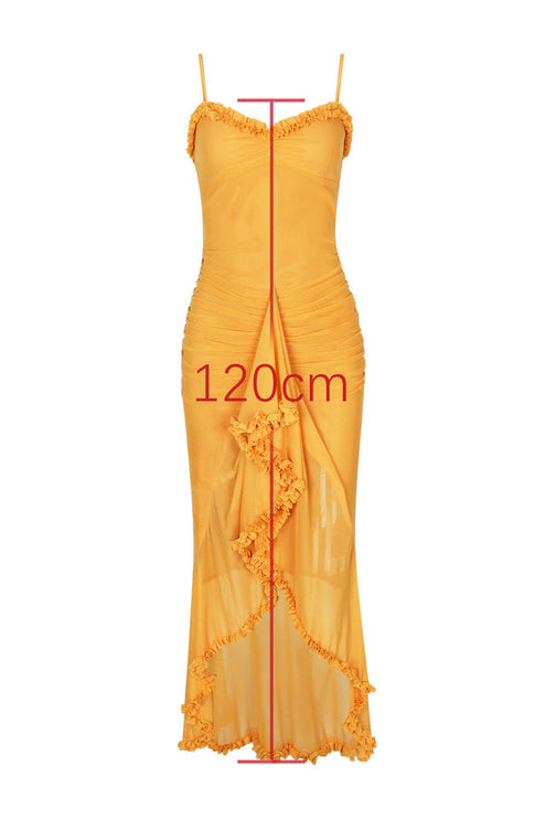 Front view of yellow ruffled front maxi dress, showcasing the 120cm length and ruched details.