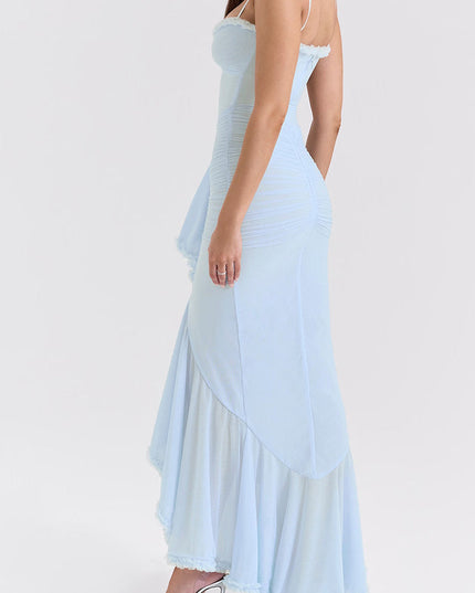Back and side view of a women's light blue maxi dress, highlighting the elegant ruffled skirt and form-fitting silhouette.