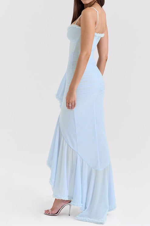 Back and side view of a women's light blue maxi dress, highlighting the elegant ruffled skirt and form-fitting silhouette.