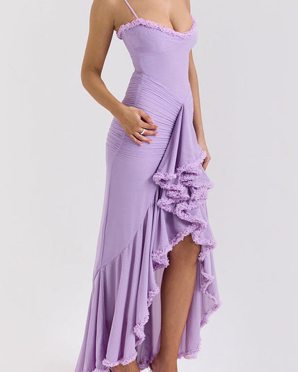 Light purple ruffled front maxi dress with spaghetti straps and ruched bodice, showcasing high-low hem.