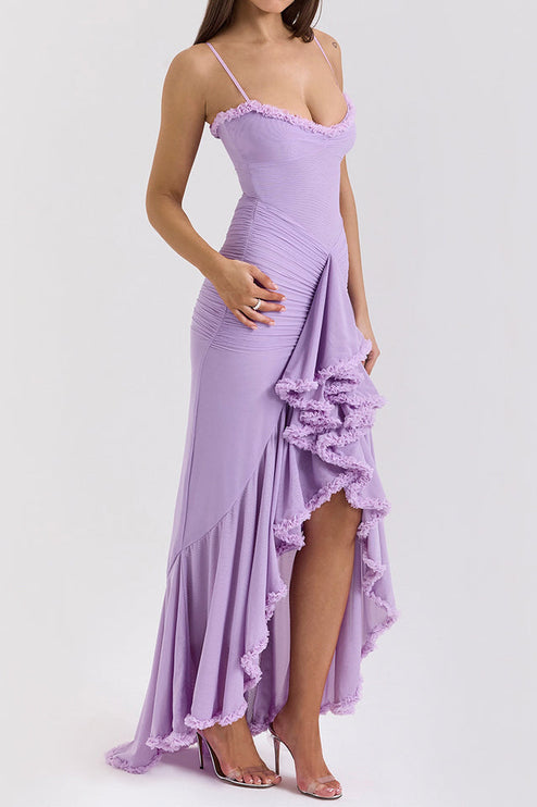 Light purple ruffled front maxi dress with spaghetti straps and ruched bodice, showcasing high-low hem.