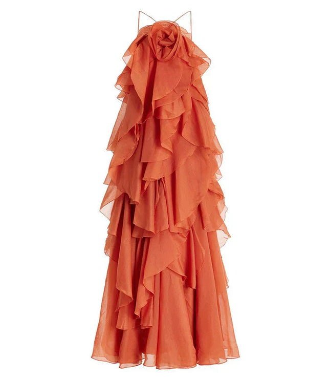 Full product shot of the coral strapless ruffle layered maxi dress from a slightly different angle, highlighting the tiered design and elegant silhouette.