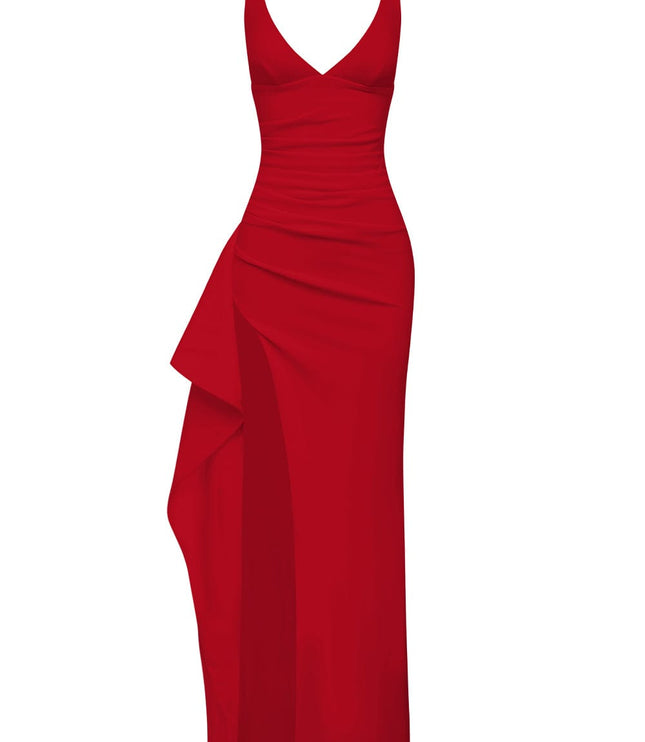 Full view of a red V-neck maxi dress with a high slit and ruffled side detail, for prom or formal events.