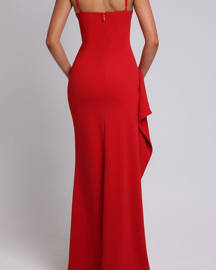 Back view of the red V-neck maxi dress, showing the smooth fit and subtle side draping.