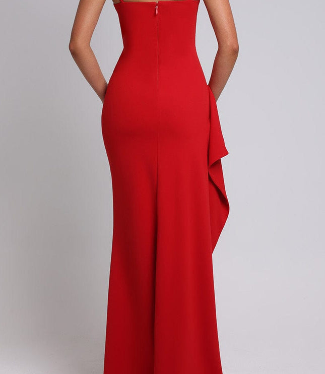 Back view of the red V-neck maxi dress, showing the smooth fit and subtle side draping.