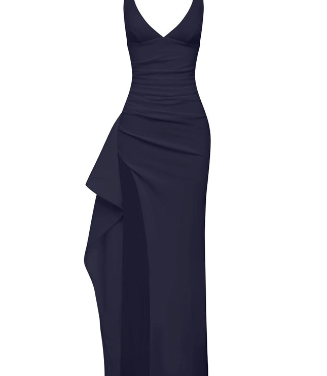 Isolated view of the navy blue V-neck maxi dress, highlighting the side slit and ruched bodice.