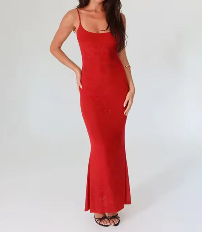 Full view of a red embellished scoop neck maxi dress, highlighting the floor-length design and subtle sparkle details.