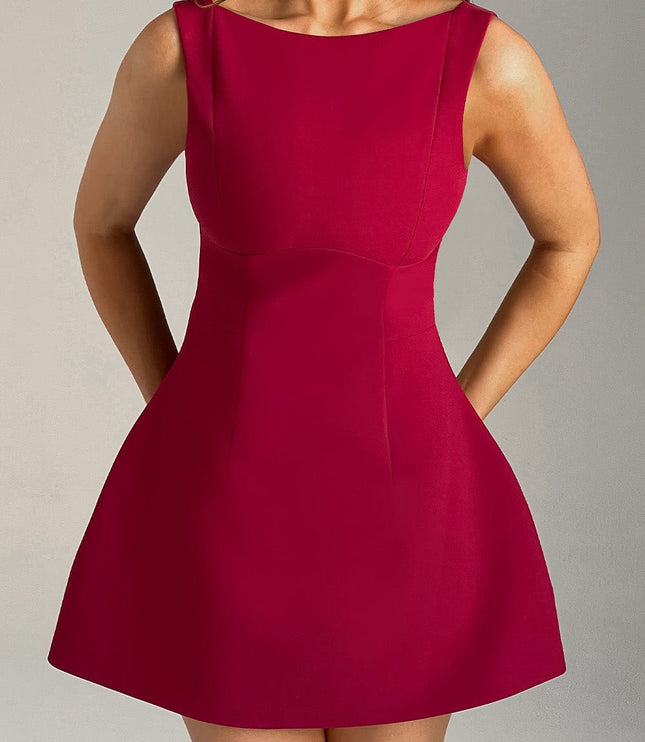 Close-up front view of the red high neck bubble mini dress, highlighting the structured bodice and smooth fabric.