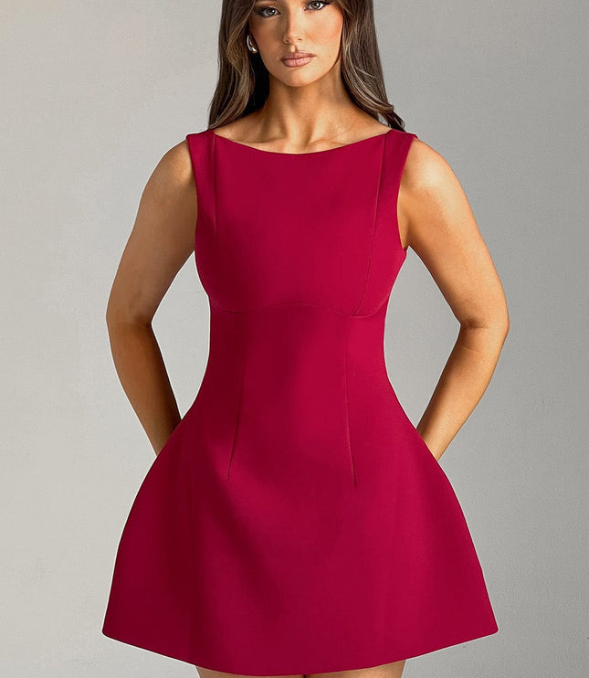 Front studio shot of the women's red high neck scoop back bubble mini dress, with a subtle sheen on the fabric.