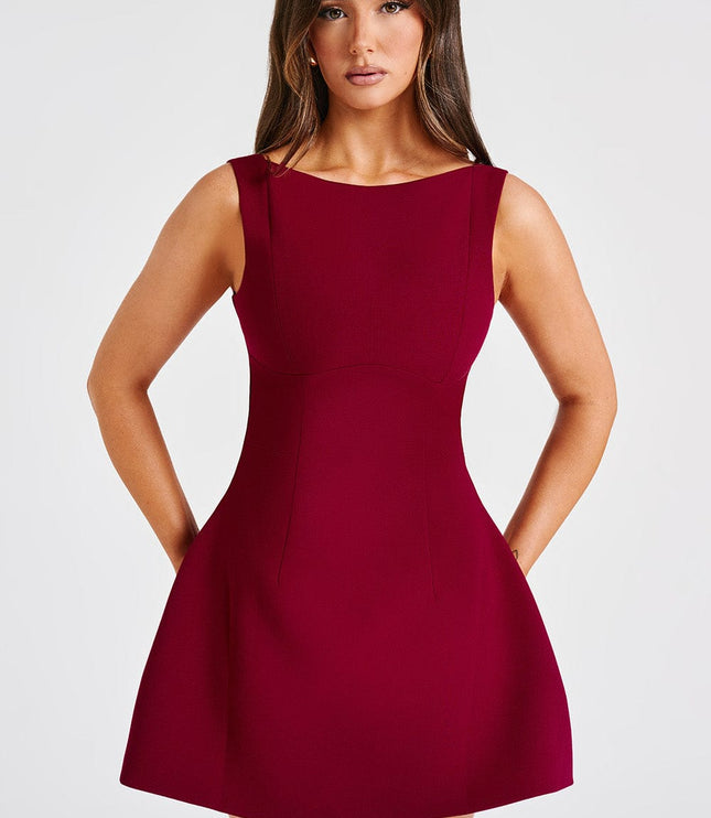 Front portrait view of the red high neck bubble mini dress, showcasing the elegant cut and vibrant color.