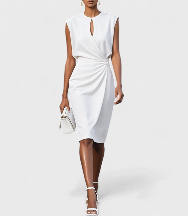 White round neck keyhole midi dress featuring a sleeveless design and sophisticated draped front, ideal for dress suits for women.