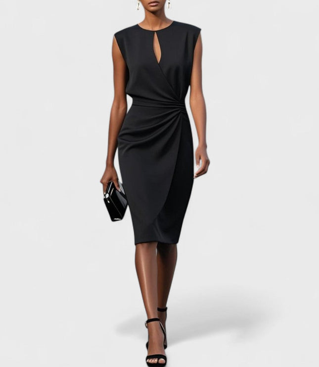 Black sleeveless midi dress with a round neck keyhole and stylish draped front, a versatile all black suit option.