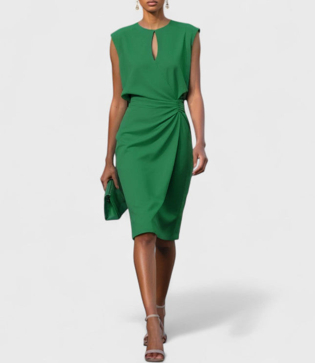Vibrant green sleeveless midi dress with a round neck keyhole and a chic draped waist, a unique option for pant suits for women.
