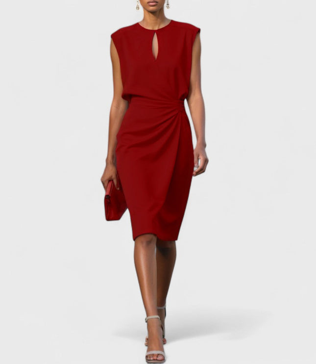 Red round neck keyhole midi dress, sleeveless with a draped front, offering a bold look for wedding suits for women.