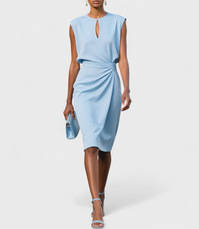 Light blue sleeveless midi dress with a round neck keyhole and elegant draped waist detail, for wedding suits for women.