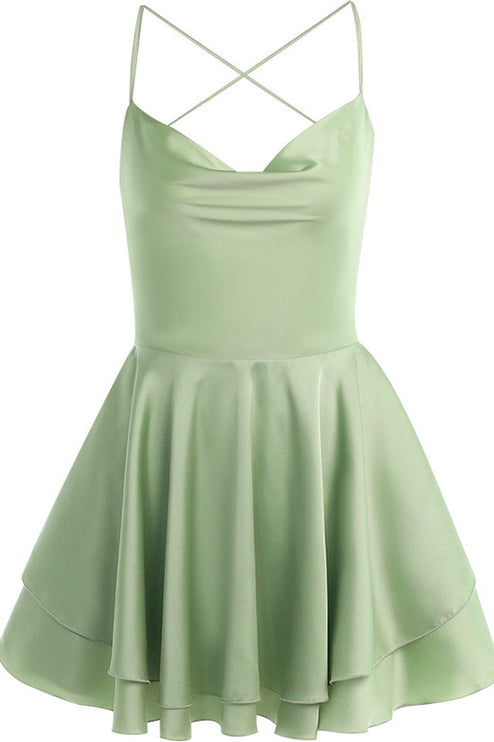 Light green satin cowl neck mini romper with spaghetti straps and a tiered ruffled skirt.