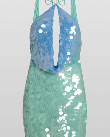 Studio shot of the women's sequin halter neck cut out mini dress, highlighting the blue and aqua sequins.