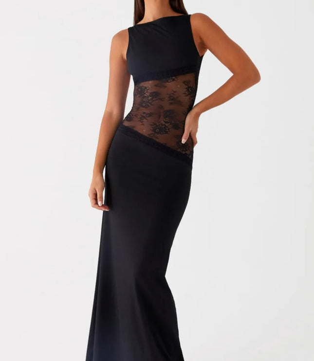 Women Sleeveless Boat Neck Lace Panel Maxi Dress - product image 4