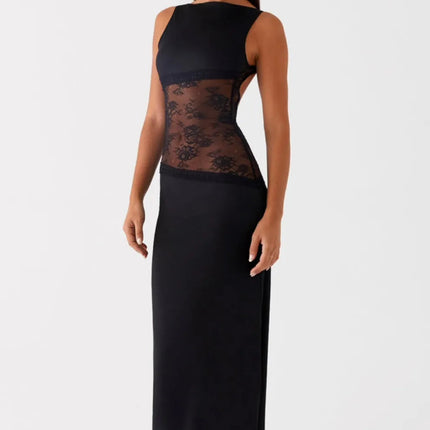 Women Sleeveless Boat Neck Lace Panel Maxi Dress - product image 1