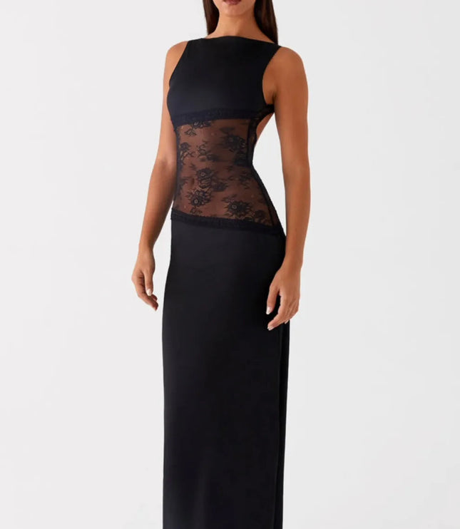Women Sleeveless Boat Neck Lace Panel Maxi Dress - product image 1