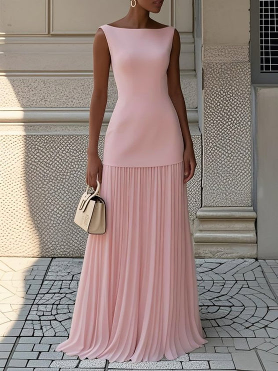 Elegant women's sleeveless boat neck maxi dress in a soft pink, featuring a finely pleated skirt.