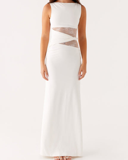Full front view of a white sleeveless maxi dress with a crew neck and delicate lace panel details on the sides.