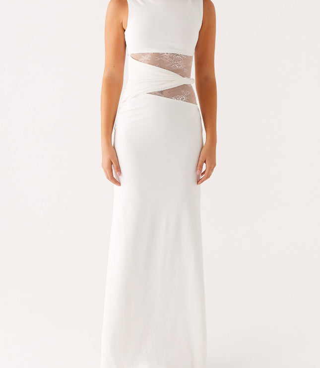 Full front view of a white sleeveless maxi dress with a crew neck and delicate lace panel details on the sides.