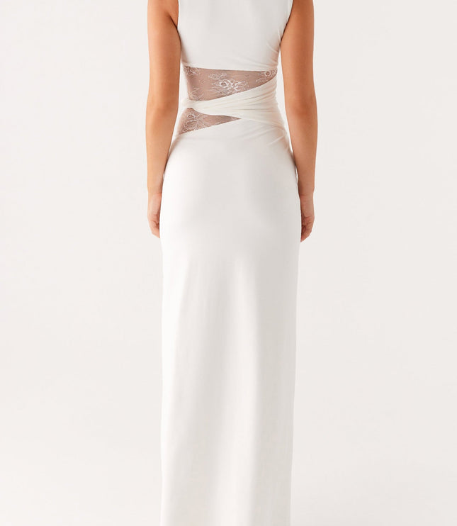 Back view of the white sleeveless crew neck maxi dress, highlighting the lace panel detail on the back.