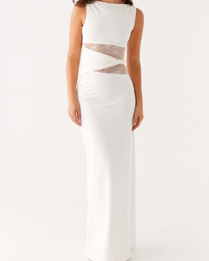 Front view of the white sleeveless crew neck maxi dress, showing the full length and lace panel details.