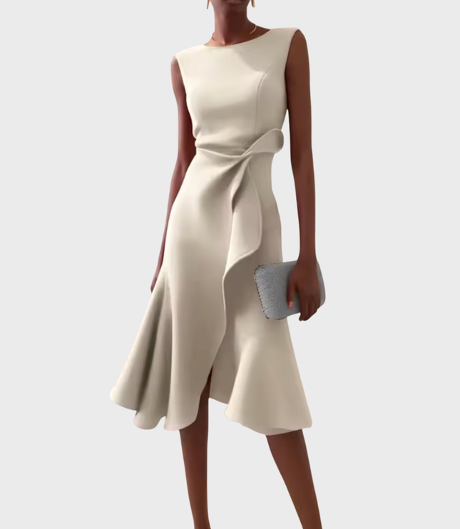 Creamy ivory sleeveless midi dress featuring an elegant draped asymmetric design, for wedding suits for women or formal events.