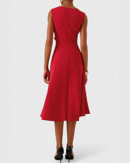 Back view of a women's vibrant red sleeveless midi dress, highlighting the elegant drape and flow of the skirt.