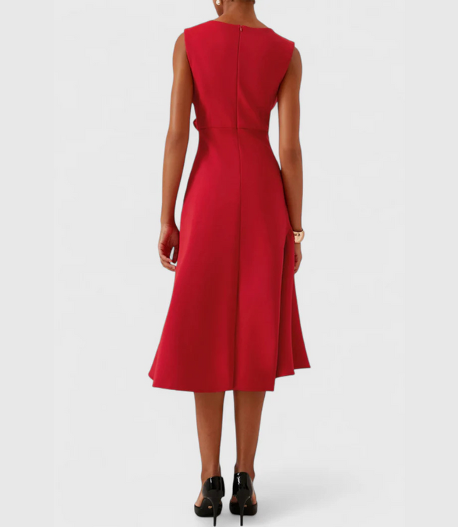 Back view of a women's vibrant red sleeveless midi dress, highlighting the elegant drape and flow of the skirt.